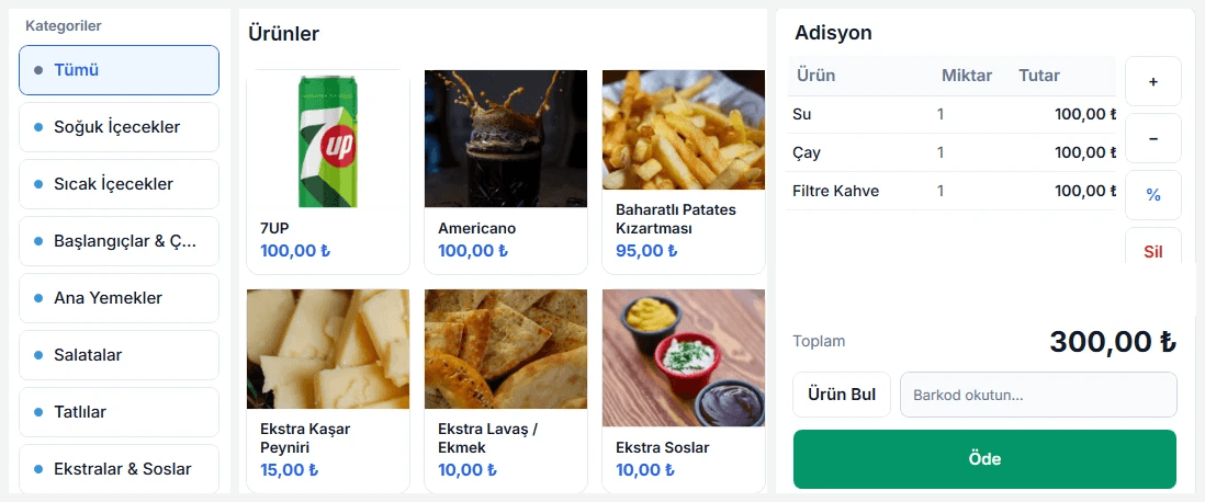 YenPOS kasa ekranı: ürün grupları, ürünler ve adisyon